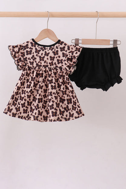 Leopard butterfly smocked ruffle bloomer set