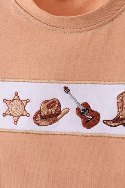Brown Western Embroidered Shorts Set