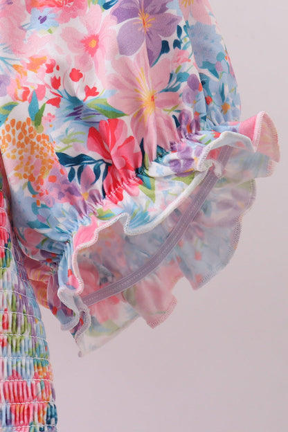 Purple floral smocked women dress