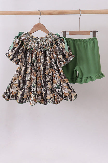 Camouflage smocked bow ruffle shorts set