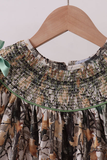 Camouflage smocked bow dress