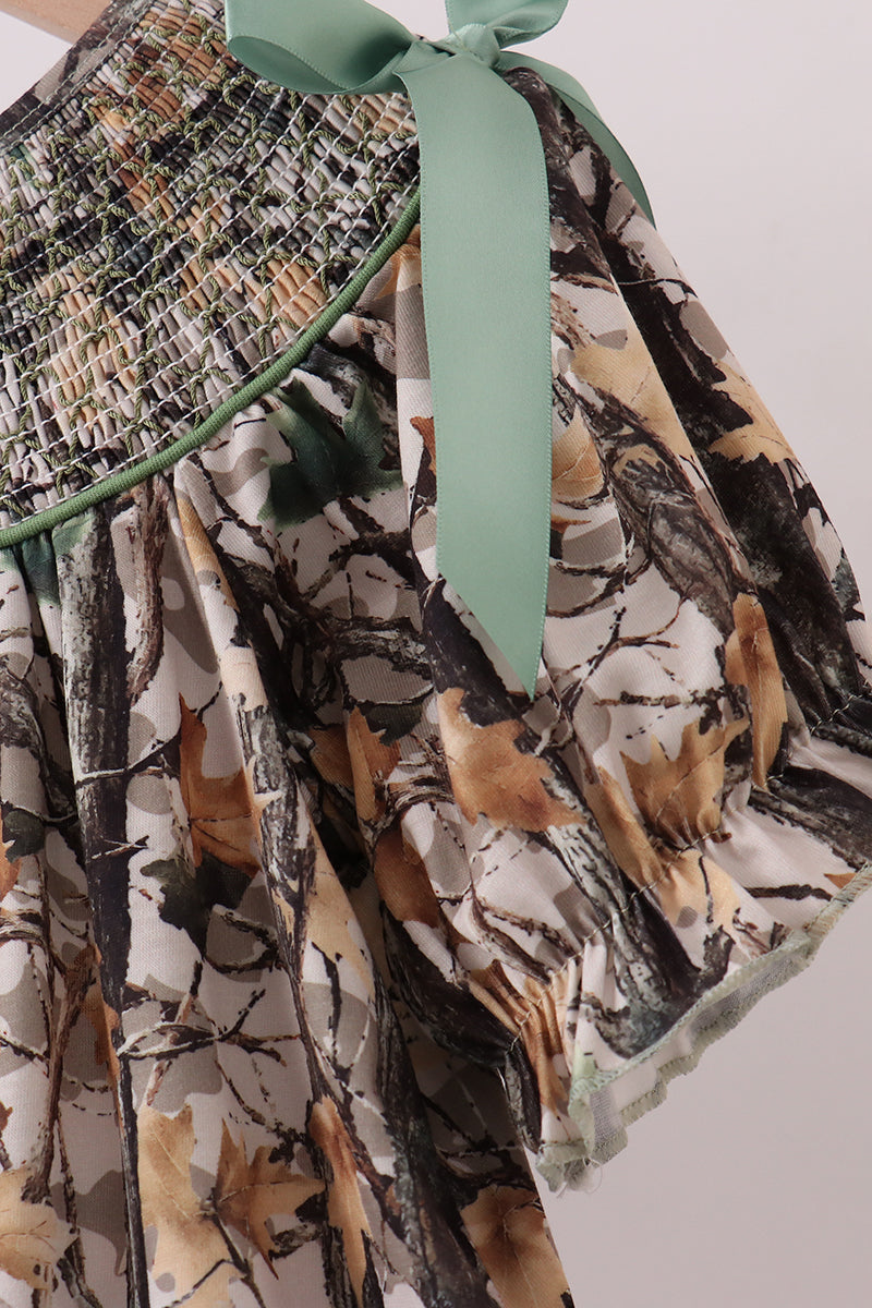 Camouflage smocked bow dress