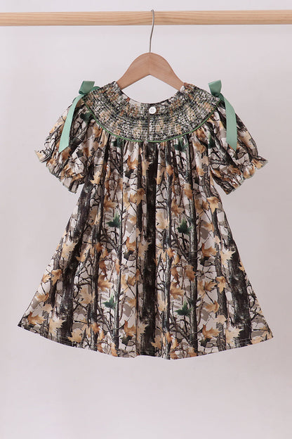 Camouflage smocked bow dress