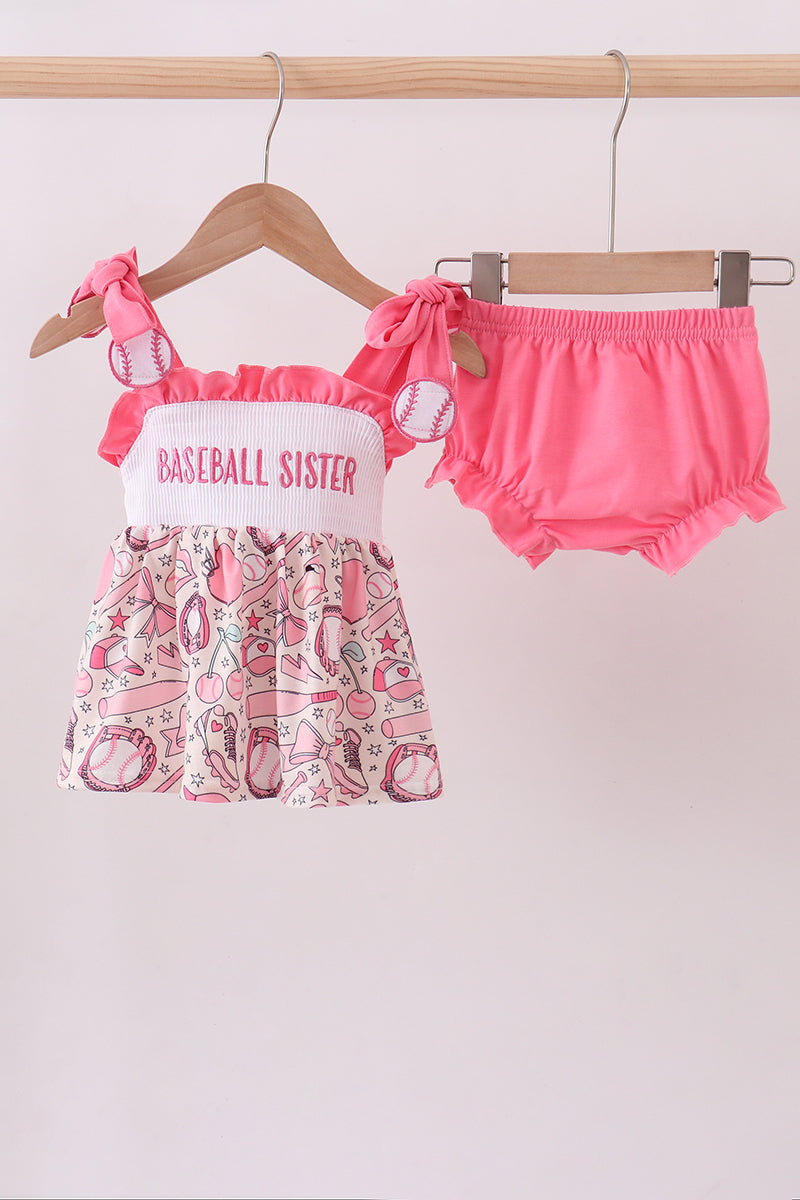 Pink baseball smocked ruffle bloomer set