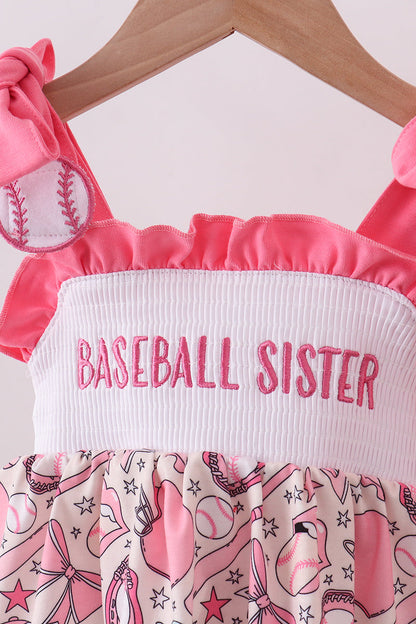 Pink baseball smocked ruffle bloomer set
