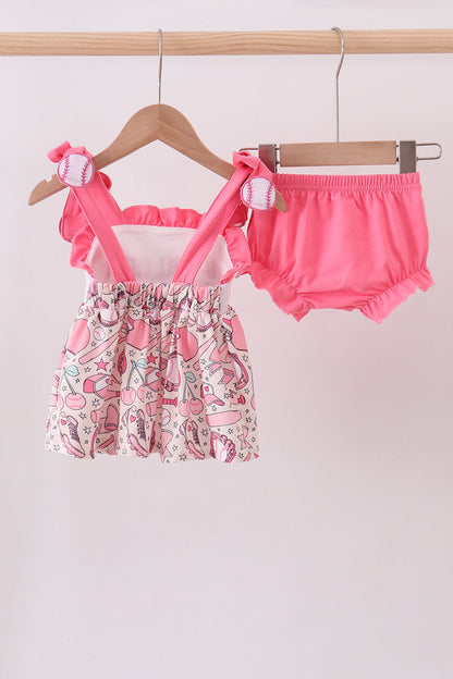 Pink baseball smocked ruffle bloomer set