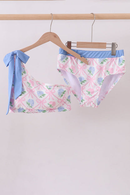 Blue bow floral women 2pc swimsuit