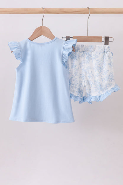 Blue Whale Applique Ruffle Shorts Set
