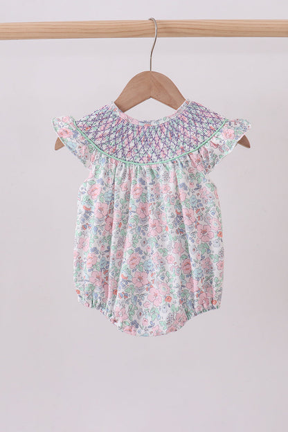 Green Floral Smocked Bubble