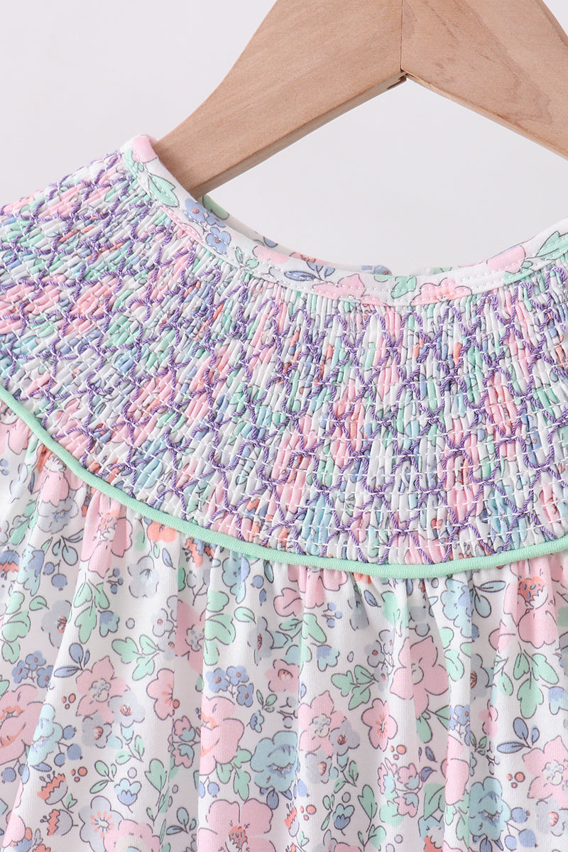 Green floral smocked ruffle shorts set