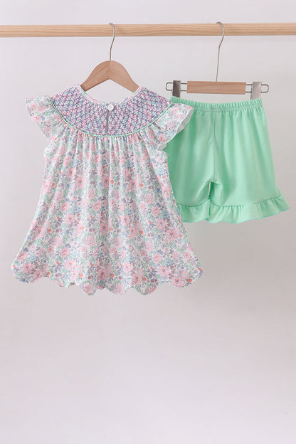 Green floral smocked ruffle shorts set
