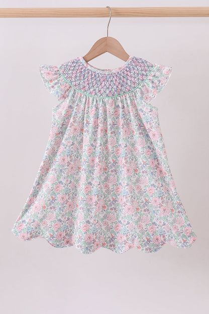 Green Floral Smocked Dress