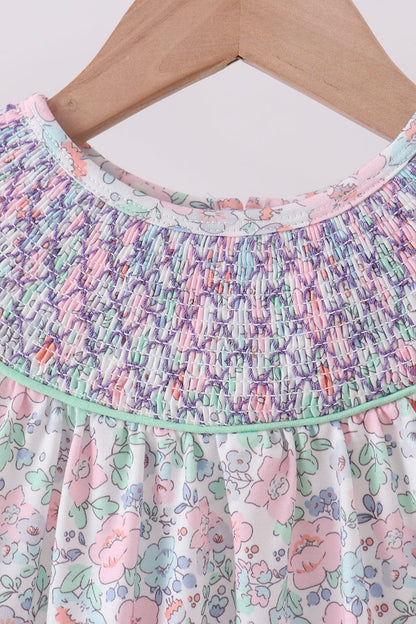 Green Floral Smocked Dress