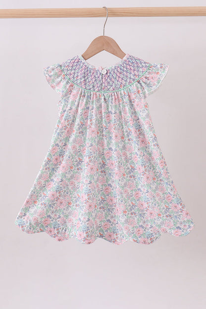 Green Floral Smocked Dress