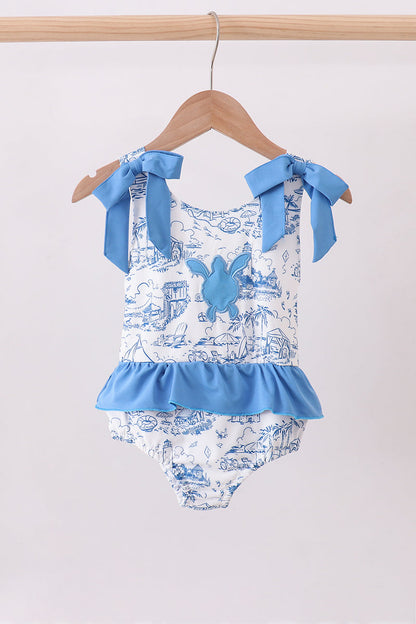 Blue beach sea turtle applique ruffle swimsuit