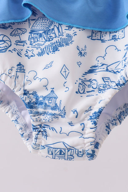 Blue beach sea turtle applique ruffle swimsuit