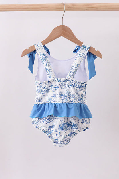 Blue beach sea turtle applique ruffle swimsuit