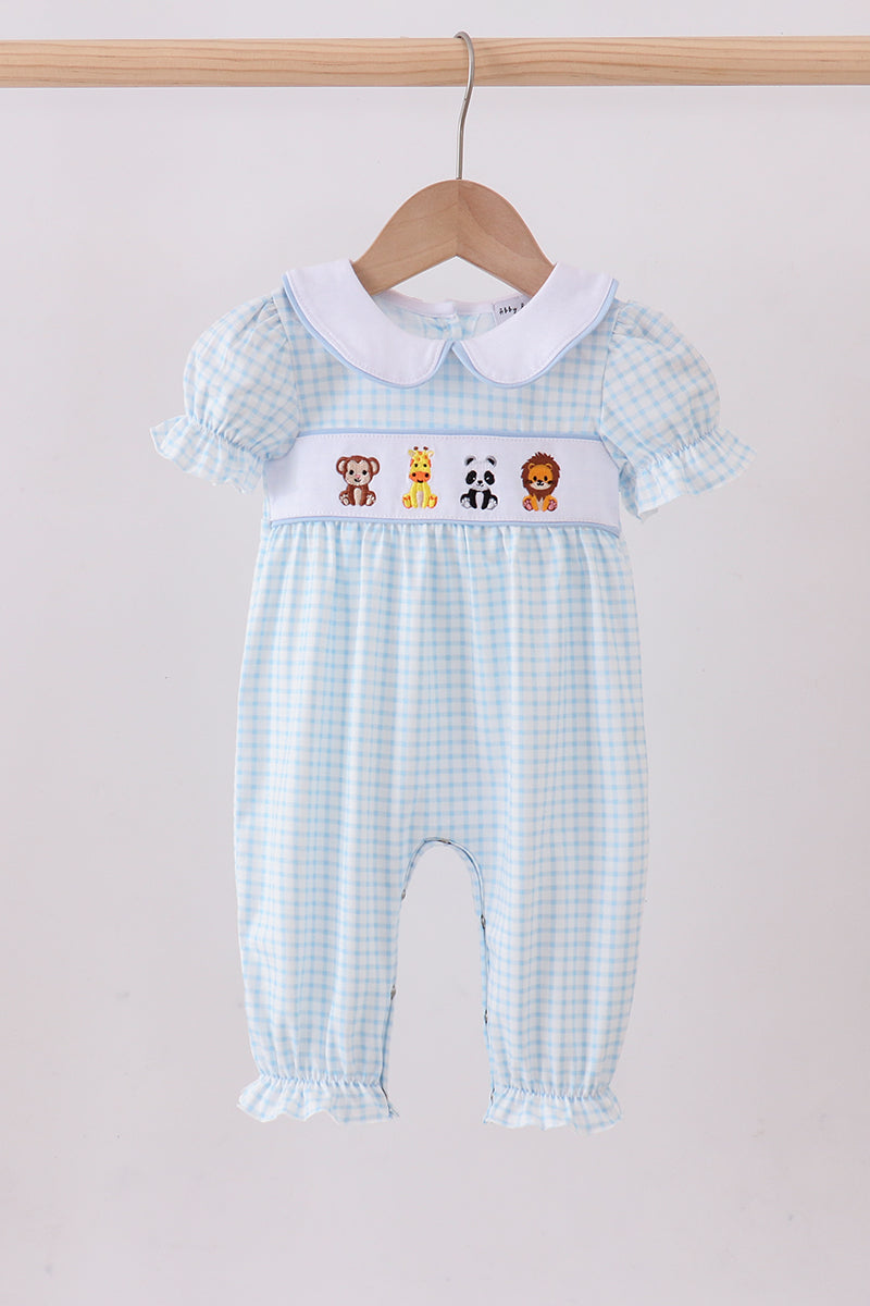 Blue zoo animal embroidery gingham puff sleeve romper