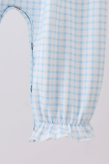 Blue zoo animal embroidery gingham puff sleeve romper