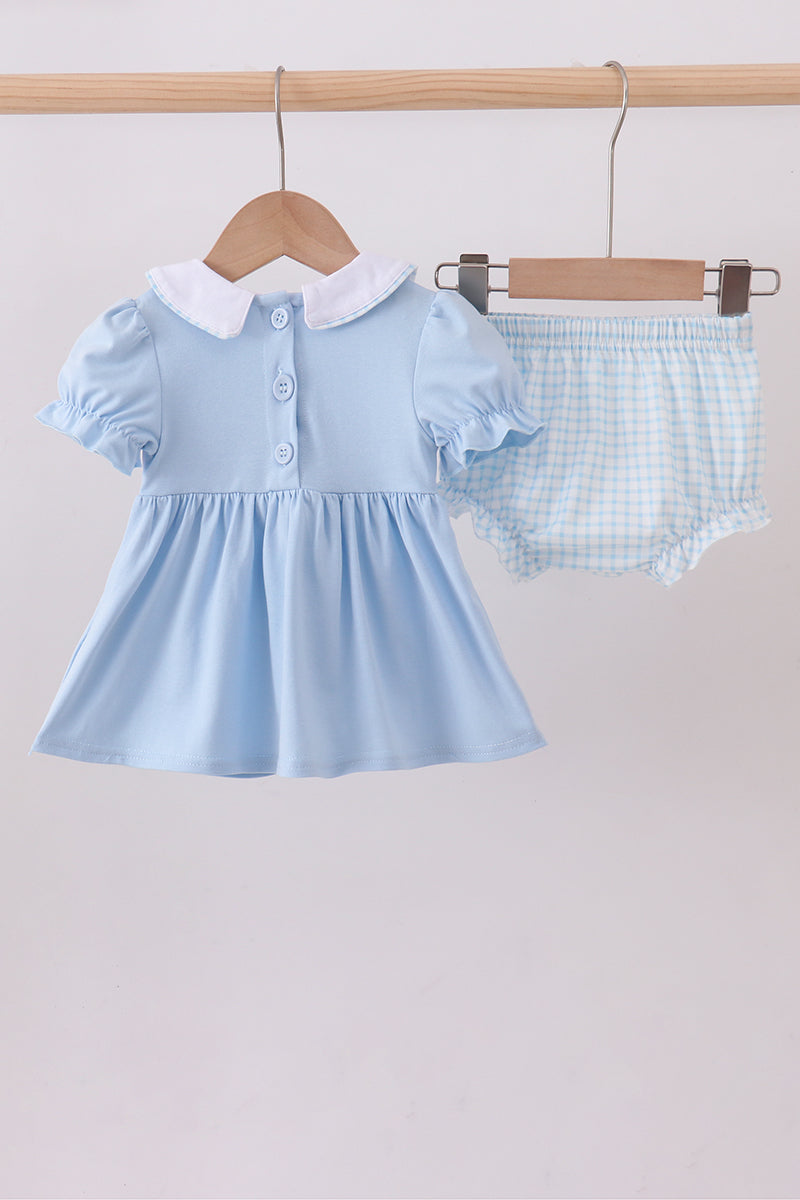Blue zoo animal embroidery gingham puff sleeve bloomer set