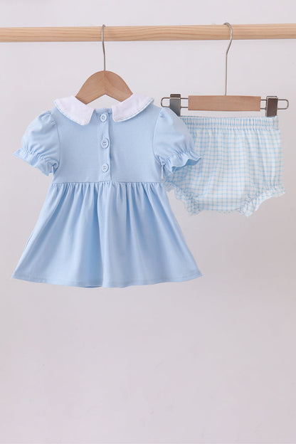 Blue zoo animal embroidery gingham puff sleeve bloomer set