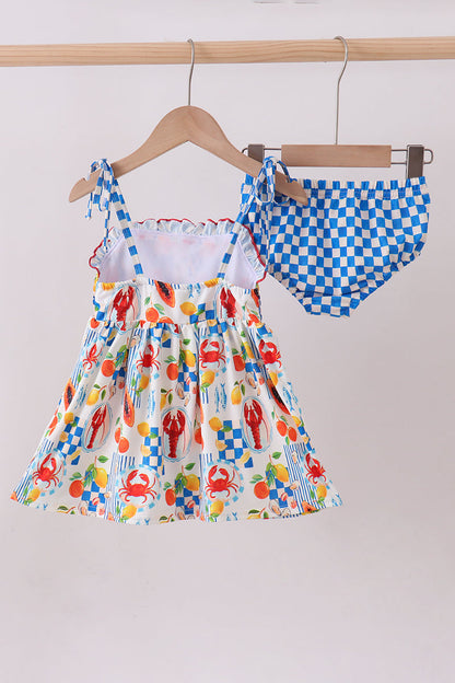 Lemon lobster crab print smocked swimsuit set