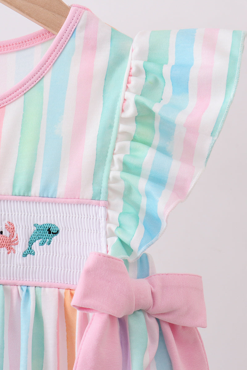 Multicolored stripe marine embroidery ruffle dress