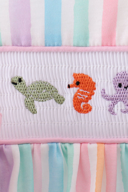 Multicolored stripe marine embroidery ruffle dress