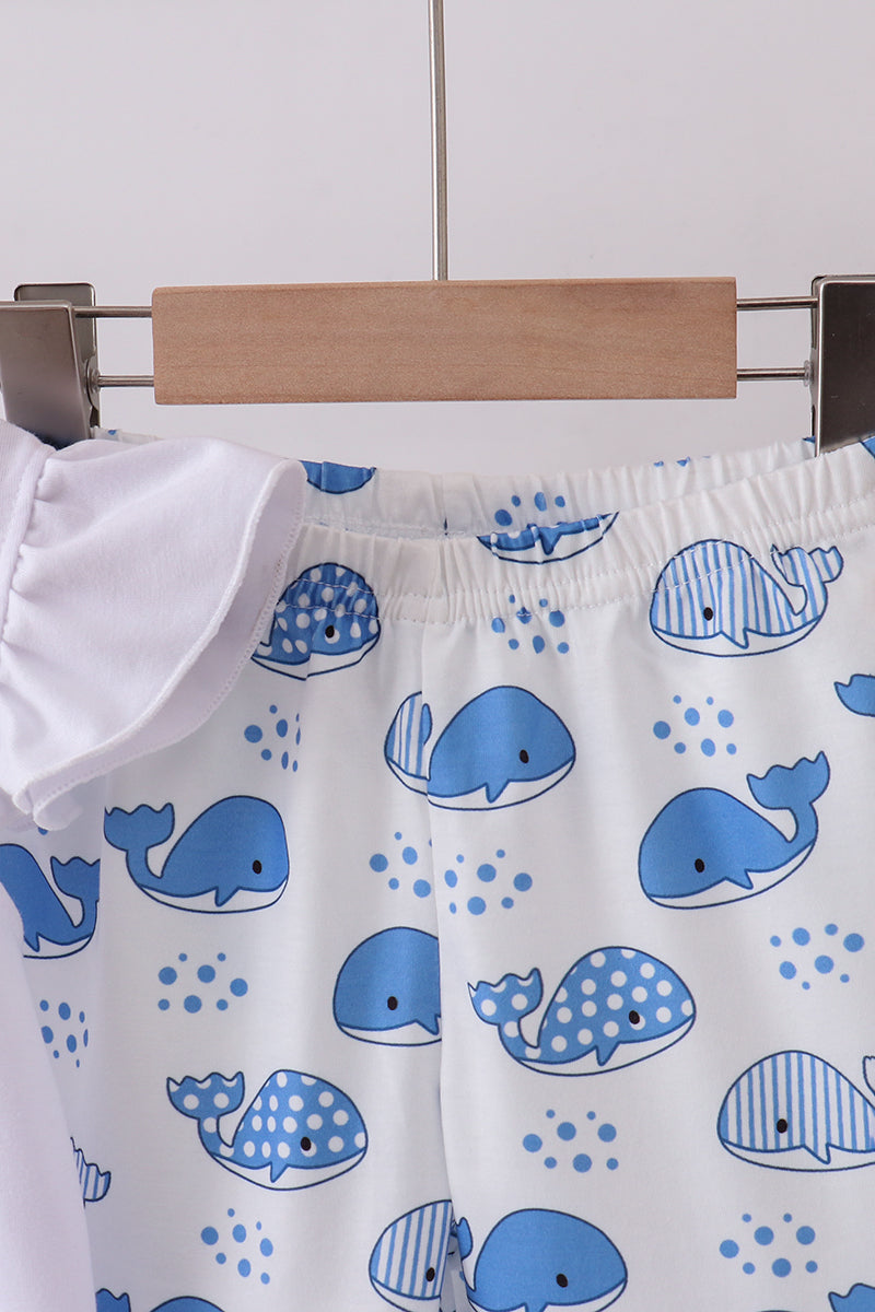 Blue whale applique ruffle shorts set