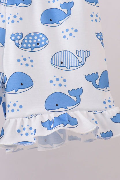 Blue whale applique ruffle shorts set