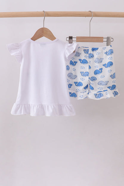 Blue whale applique ruffle shorts set