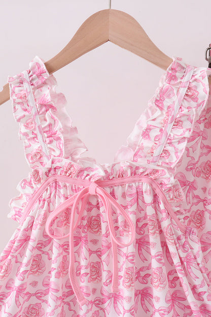 Pink floral print bow ruffle shorts set