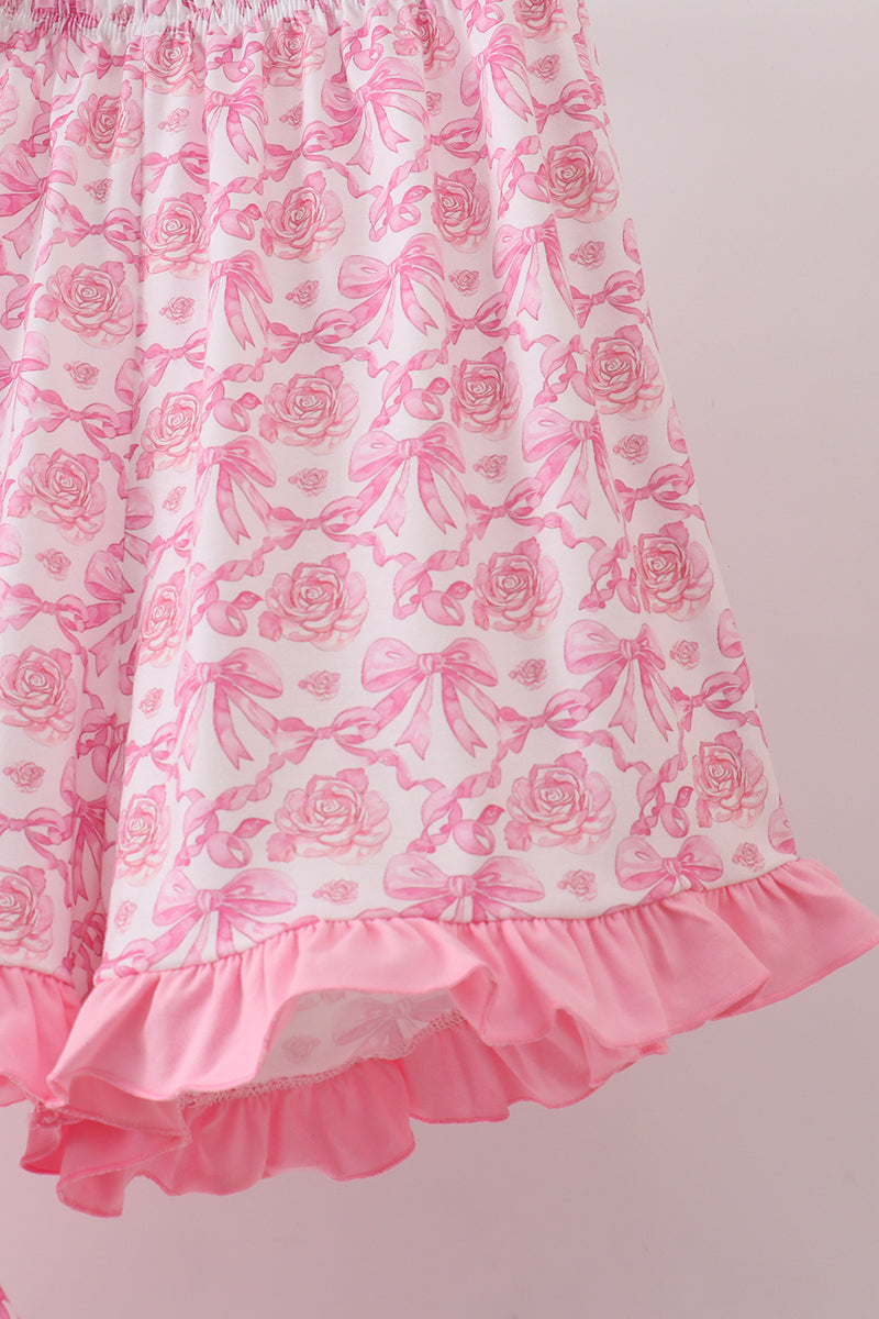 Pink floral print bow ruffle shorts set
