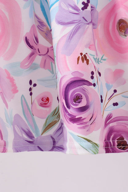 Purple floral print bow ruffle shorts set