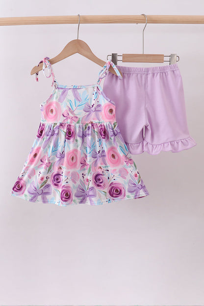 Purple floral print bow ruffle shorts set