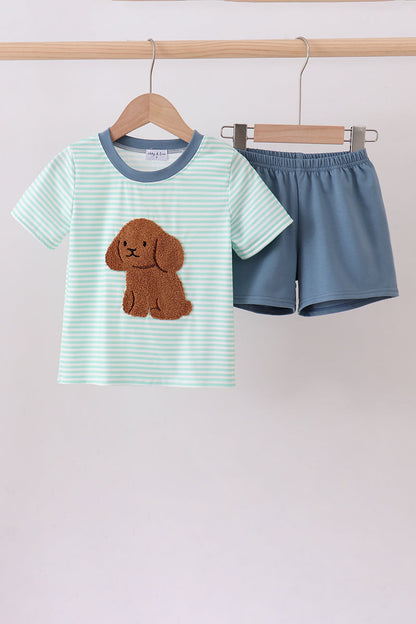 Green stripe puppy french knot shorts set