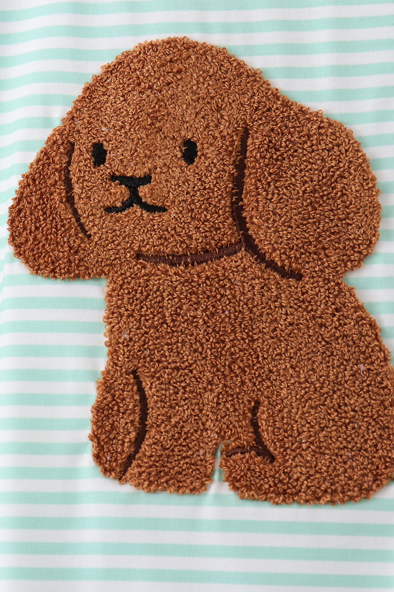 Green stripe puppy french knot shorts set