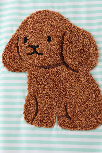 Green stripe puppy french knot shorts set