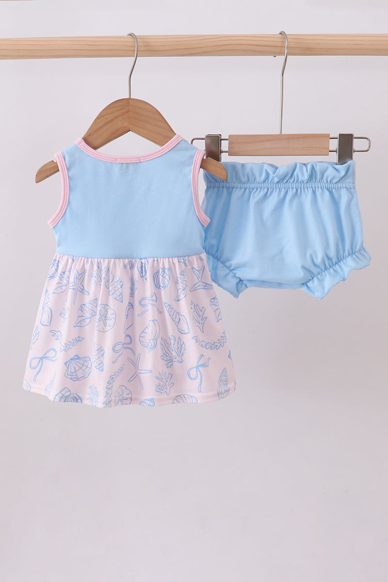 Blue shell starfish print bow bloomer set