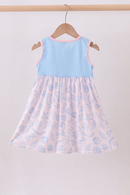 Blue shell starfish print ruffle dress