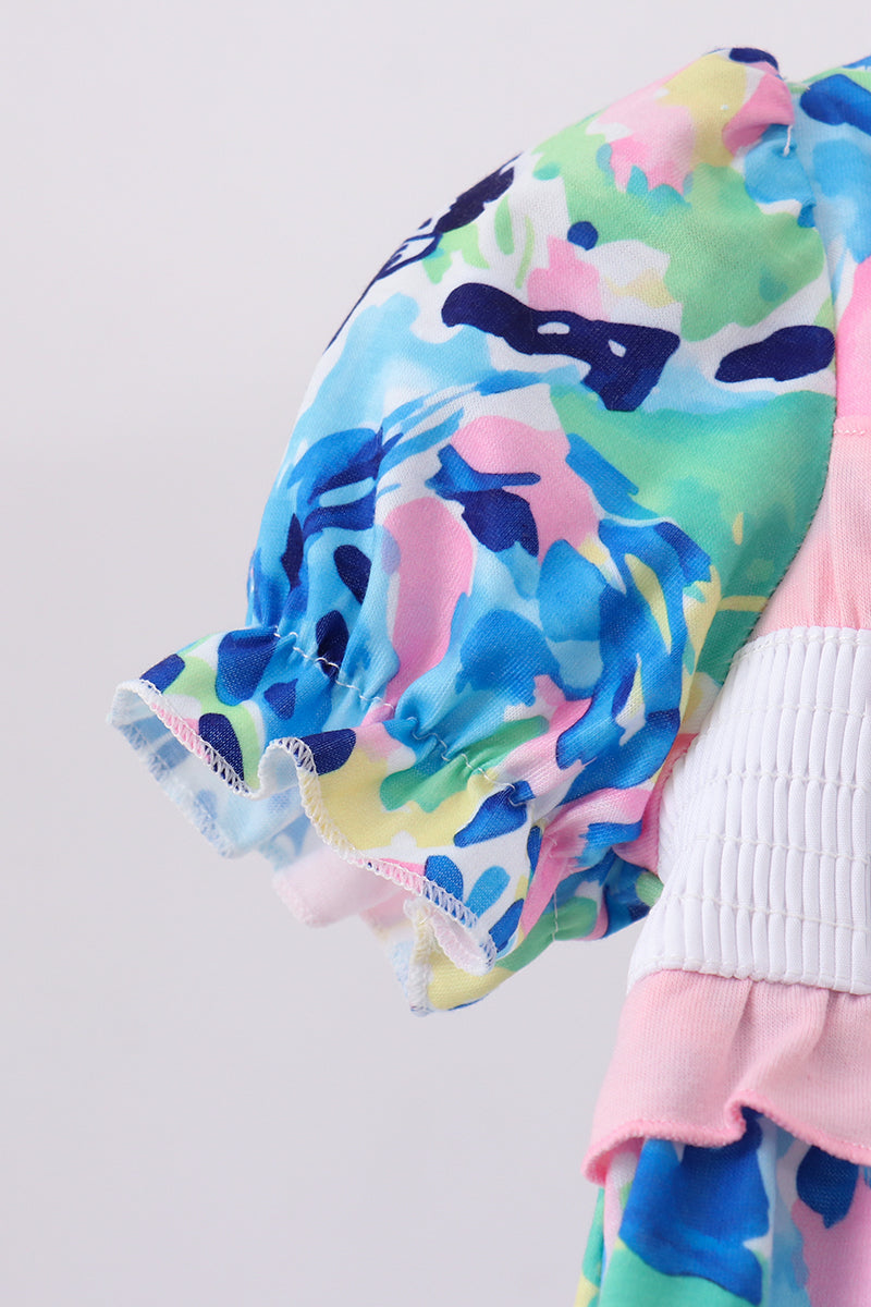 Pink character smocked ruffle romper