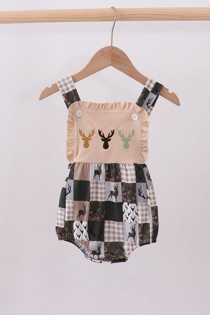 Green hunting deer embroidery checkered ruffle bubble