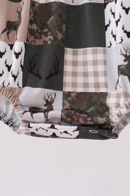 Green hunting deer embroidery checkered ruffle bubble