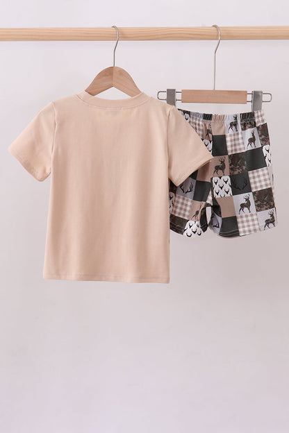 Green hunting deer embroidery checkered shorts set