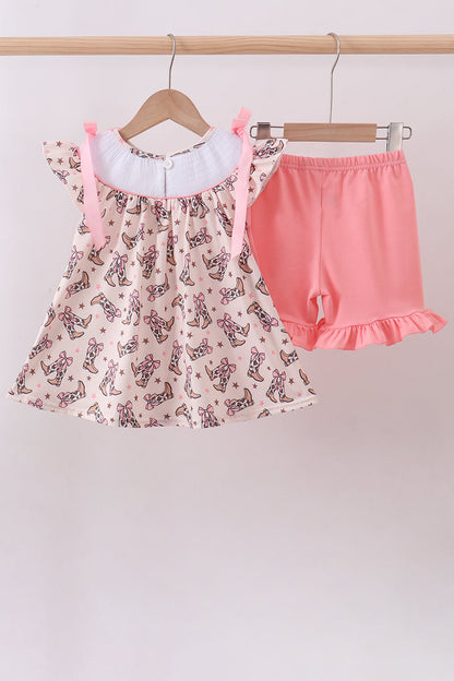 Western cowboy boots smocked ruffle shorts set