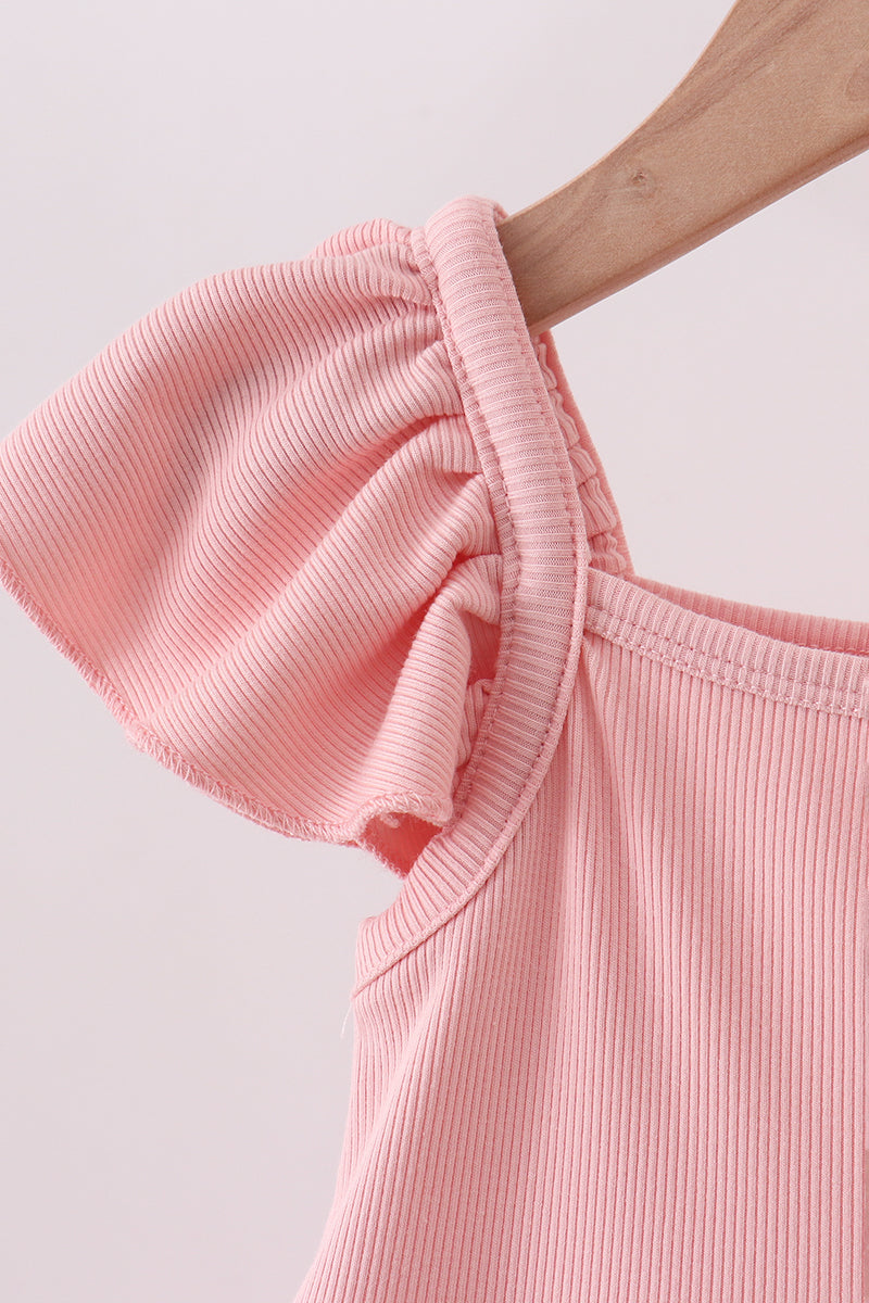 Pink character embroidery flutter sleeve dress