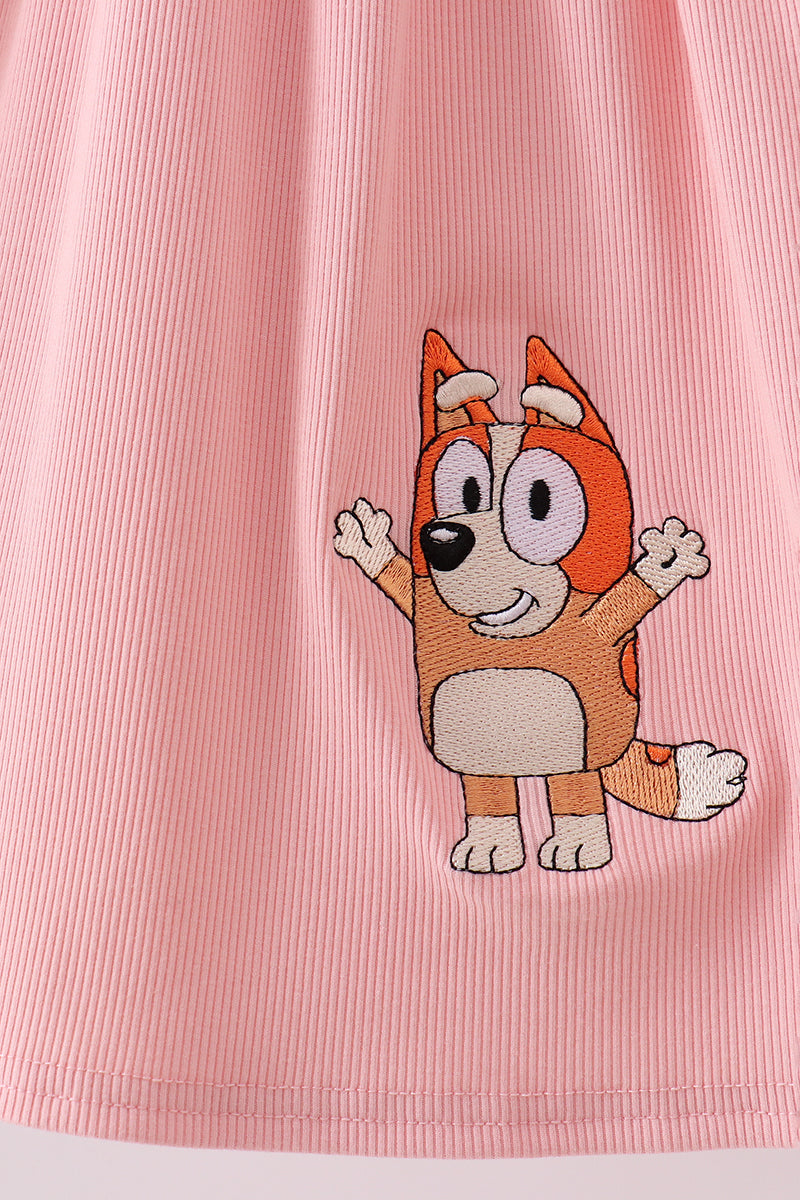 Pink character embroidery flutter sleeve dress