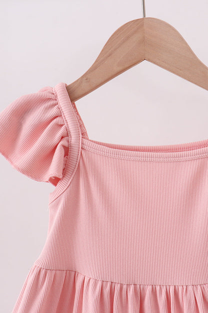 Pink character embroidery flutter sleeve dress