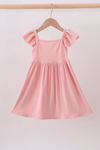 Pink character embroidery flutter sleeve dress