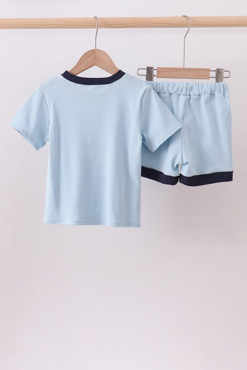 Blue character embroidery stripe shorts set